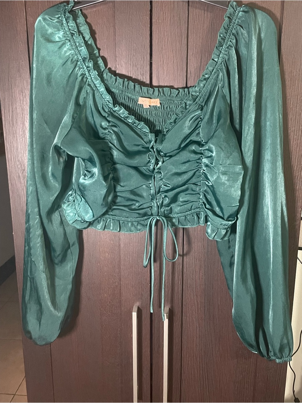 Ruched Satin Teal Long Sleeve Crop Top Gothic Coquette